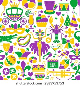 Mardi Gras carnival seamless background, flat style. Pattern with feathers, beads, jester hat, mask, fleur de lis