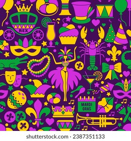 Mardi Gras carnival seamless background, flat style. Pattern with feathers, beads, jester hat, mask, fleur de lis