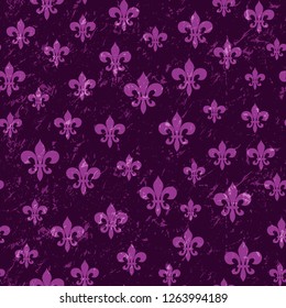 Mardi Gras carnival seamless pattern with masquerade elements fleur de lis.  Fleur-de-Lis lily symbol for masquerade carnival. For greeting card, banner, gift packaging, poster. Vector illustration 