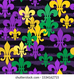 Mardi Gras carnival seamless pattern with masquerade elements fleur de lis on a background of grunge stripes. Vector backdrop for greeting cards, festive invitations, posters, prints, banners 