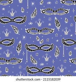 Mardi Gras Carnival Seamless Pattern. Masquerade Mask, feathers and stars. Holiday Vector background. Very Peri color