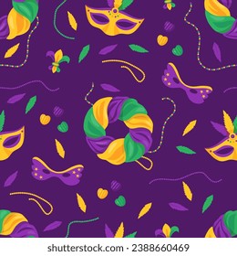 Mardi Gras carnival seamless pattern. Festive King Cake with colorful icing, beads, necklaces, mask and feathers on purple background. Vector illustrations in cartoon style.