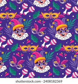 Mardi Gras carnival Seamless pattern. Mardi Gras pattern background. Vector illustration design. Mardi Gras pattern for Poster, Banner, Flyer, Greeting Card, Post, Cover, Invitation.