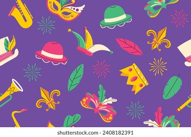 Mardi Gras carnival Seamless pattern. Mardi Gras pattern background. Vector illustration design. Mardi Gras pattern for Poster, Banner, Flyer, Greeting Card, Post, Cover, Invitation.