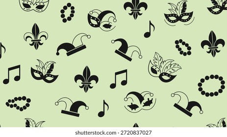 Mardi Gras Carnaval Padrão sem emenda com máscaras icônicas, Fleur-de-Lis, Jester chapéus, contas e notas musicais em verde claro