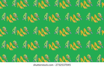 Mardi Gras Carnival Seamless Pattern with Festival Shoes, Costume, Beads and Maracas