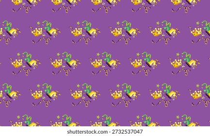 Mardi Gras Carnival Seamless Pattern with Crown, Confetti and Jester Hat