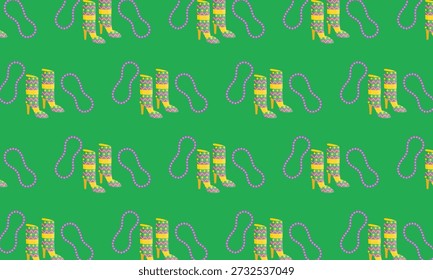 Mardi Gras Carnival Seamless Pattern with Festival Shoes, Costume and Beads