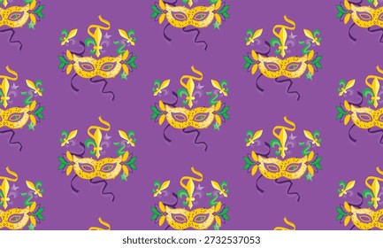 Mardi Gras Carnival Seamless Pattern with Feather Mask, Jester Symbol and Confetti