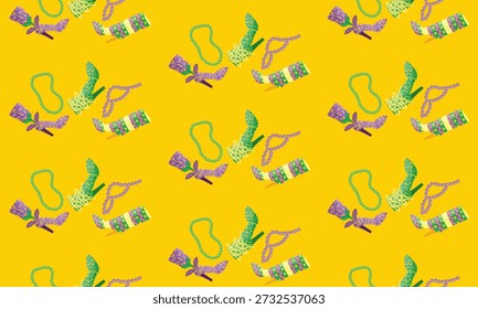 Mardi Gras Carnival Seamless Pattern with Festival Shoes, Costume and Beads