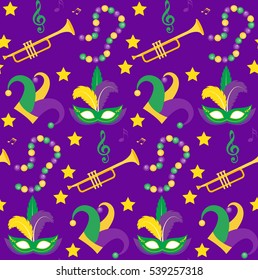 Mardi Gras Carnival seamless pattern with mask feathers, beads. Mardi Gras endless background, texture, wallpaper. Vector illustration