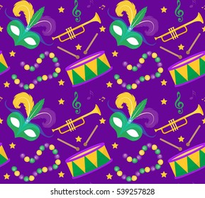 Mardi Gras Carnival seamless pattern with mask feathers, beads. Mardi Gras endless background, texture, wallpaper. Vector illustration