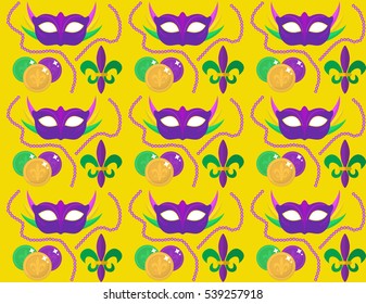 Mardi Gras Carnival seamless pattern with mask feathers, beads. Mardi Gras endless background, texture, wallpaper. Vector illustration