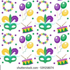 Mardi Gras Carnival seamless pattern with mask feathers, beads. Mardi Gras endless background, texture, wallpaper. Vector illustration