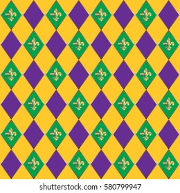 Mardi Gras Carnival seamless pattern with gold fleur-de-lis. Carnival festive endless background, texture, wrapper. Vector illustration. Festival, Masquerade invitation, poster, placard, wallpaper.