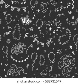 Mardi Gras carnival seamless pattern with hand drawn doodle masquerade elements on a chalkboard background