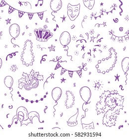 Mardi Gras carnival seamless pattern with hand drawn doodle masquerade elements