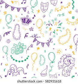 Mardi Gras carnival seamless pattern with hand drawn doodle masquerade elements