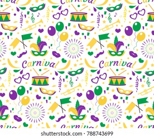 Mardi Gras Carnival seamless pattern with mask feathers, beads. Fat Tuesday endless background, texture, wallpaper. Festival backdrop of purple, green, yellow. Vector illustration