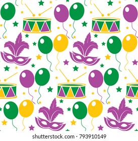 Mardi Gras Carnival seamless pattern with mask feathers. Endless background, texture, wallpaper. Vector illustration