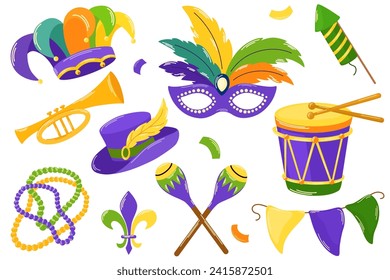 Mardi Gras carnival set. Mardi Gras collection, traditional festival item stickers, including mask, drum, hat, beads, joker, Fleur de lis, comedy and tragedy, party decorations. Vector illustration