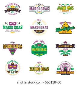 Mardi Gras carnival, set of colorful badges with palms, maracas,  masquerade masks, ferris wheel, musical instruments. Isolated. Vector. Can be used for event poster, web banner or invitation
