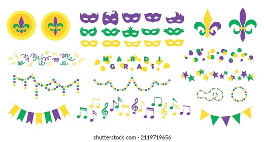 Mardi Gras carnival set of flat icons,  separate festive elements for festival, masquerade. Masks, patterns, symbol and sign fleur de lis. Shrove Tuesday, Fat Tuesday, celebration and march parade. 