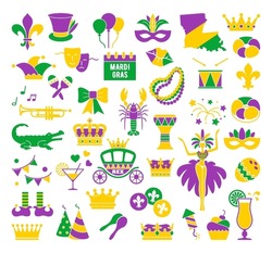 Mardi Gras Carnival Set Icons, Design Element , Flat Style. Collection Mardi Gras, Mask With Feathers, Beads, Joker, Fleur De Lis, Comedy And Tragedy, Party Decorations. Vector Illustration, Clip Art