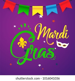 Mardi Gras carnival set icons, design element , flat style. Collection Mardi Gras, mask with feathers, beads, fleur de lis, comedy and tragedy, party decorations. illustration, clip art