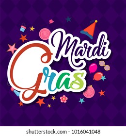 Mardi Gras carnival set icons, design element , flat style. Collection Mardi Gras, mask with feathers, beads, fleur de lis, comedy and tragedy, party decorations. illustration, clip art