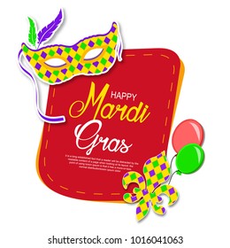 Mardi Gras carnival set icons, design element , flat style. Collection Mardi Gras, mask with feathers, beads, fleur de lis, comedy and tragedy, party decorations. illustration, clip art