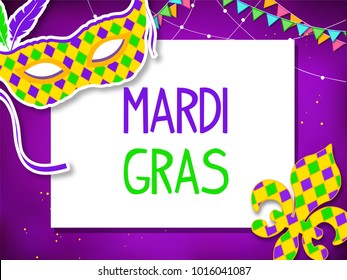 Mardi Gras carnival set icons, design element , flat style. Collection Mardi Gras, mask with feathers, beads, fleur de lis, comedy and tragedy, party decorations. illustration, clip art