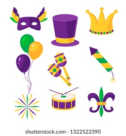 Mardi Gras carnival set icons, design element , flat style. Collection Mardi Gras