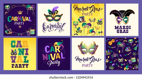 Mardi Gras carnival set icons, design element. Collection mask with feathers, beads, joker, fleur de lis, comedy and tragedy, party decorations for card, poster, flyer and other users.