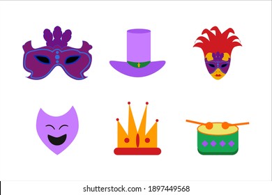 mardi gras carnival set icons, design element , flat style. collection mardi gras, mask with feathers, joker, drums, hat, crown comedy and tragedy, party decorations. vector illustration