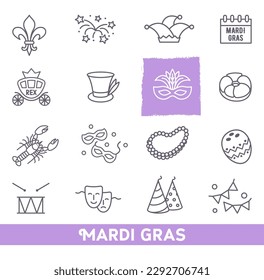 Mardi Gras carnival set icons, design element , linear style. Collection Mardi Gras, mask with feathers, beads and other
