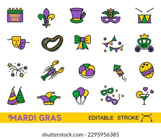 Iconos del juego de carnaval Mardi Gras con trazo editable, elemento de diseño , estilo lineal. Colección Mardi Gras, máscara, fleur de lis, comedia y tragedia, decoraciones de fiestas. Ilustración vectorial, imagen clip