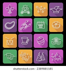 Mardi Gras carnival set icons, design element , linear style. Collection Mardi Gras, mask with feathers, beads and other