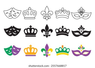 Mardi Gras carnival set icons, design element , flat style. Collection Mardi Gras, mask with feathers, beads, joker, fleur de lis, comedy and tragedy, party decorations. Vector illustration