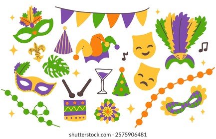 Mardi Gras carnival set icons, design element , flat style. Collection Mardi Gras, mask with feathers, beads, joker, flower, comedy and tragedy, party decorations. Vector illustration clip art .