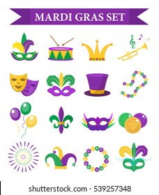 Mardi Gras Karneval Set Symbole, Design Element , flacher Stil. Kollektion Mardi Gras, Maske mit Federn, Perlen, Joker, Fleur de lis, Comedy und Tragödie, Partydekorationen. Vektorgrafik, Clipart