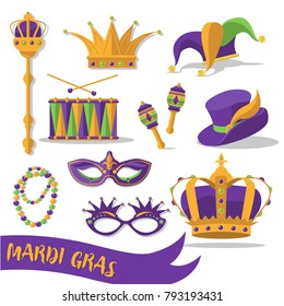 Mardi Gras carnival set icons, design element , flat style. 