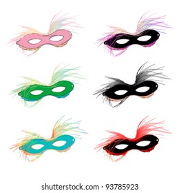 Mardi Gras carnival set of masks with feather over white