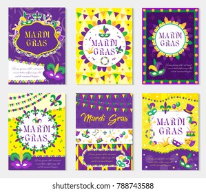 Mardi Gras carnival set poster, invitation, greeting card. ?ollection templates for your design with mask  feathers. Festival, Holiday in New Orleans. Fat Tuesday background. Vector illustration
