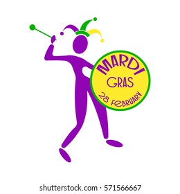 Mardi Gras Carnival. Silhouette of a man in the jester headgear with a drum stick and drum.