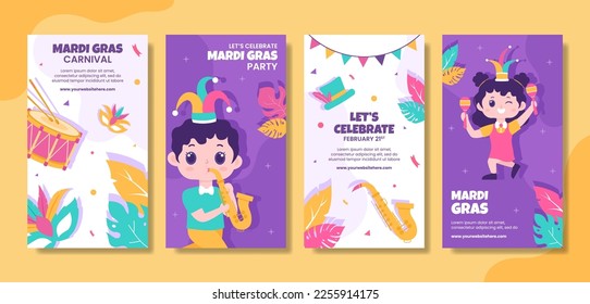 Mardi Gras Carnival Social Media Stories Flat Cartoon Hand Drawn Templates Illustration