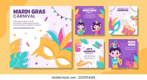 Mardi Gras Carnival Social Media Post Flat Cartoon Hand Drawn Templates Illustration