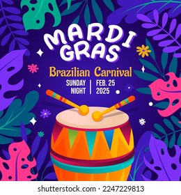Mardi gras carnival Square purple background with colorful flat elements design