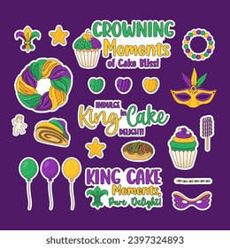 Mardi Gras carnival stickers set. Festive King Cake, cupcake and donuts with colorful icing, baby Jesus toy, balloon, candy, masks, necklaces and holiday phrases. Isolated Vector illustrations