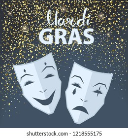 Mardi Gras carnival symbol with white sad and happy masks surrounded by confetti. Vector illustration of festival logo on dark background